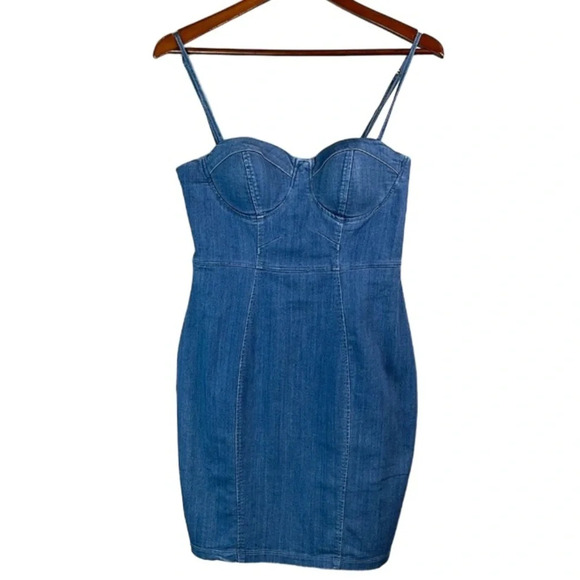 HAUTE MONDE Blue Denim Mini Dress Boustier Corset Stretch Adjustable Straps L - Picture 12 of 12